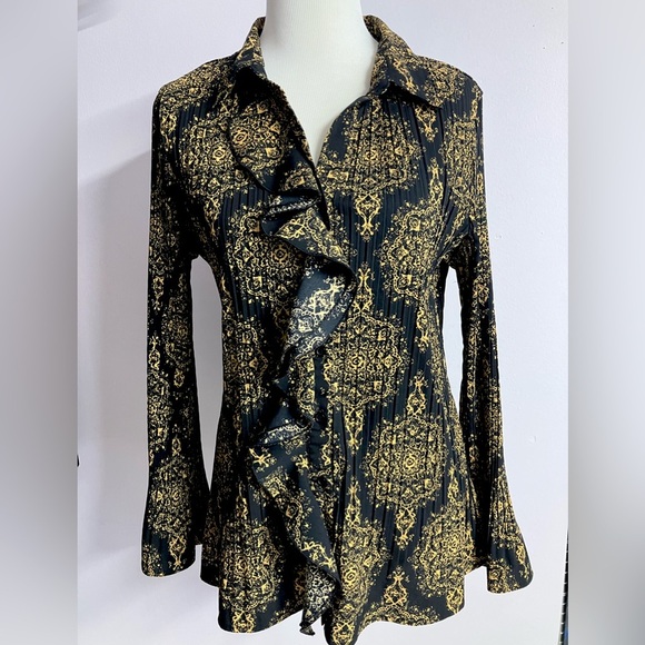 Women’s Ruffled Blouse w Accordian Pleats,Large, Black/Goldish, Laura Scott - Picture 1 of 7